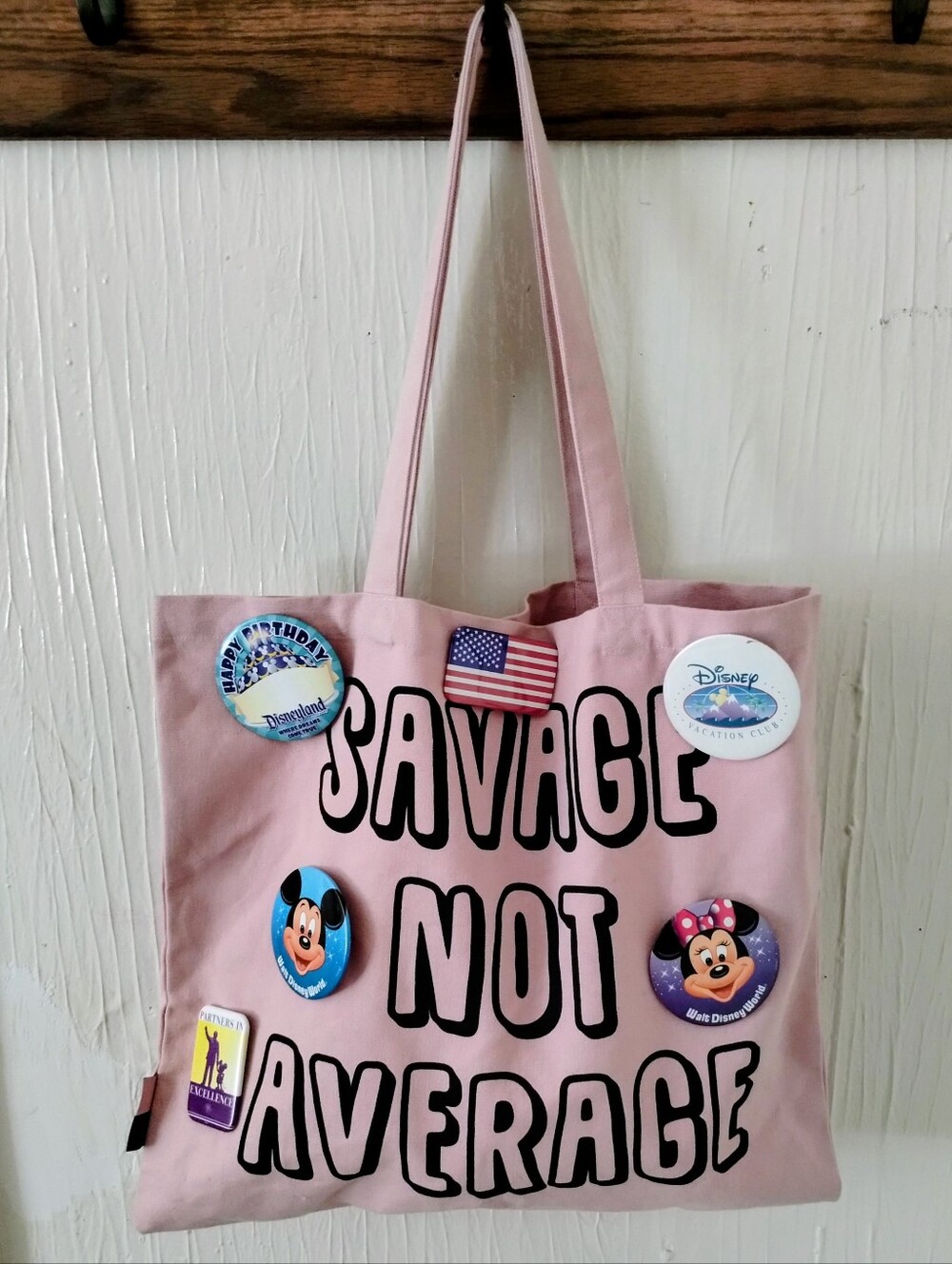 Pink Tote With Collectible Disney, Mickey & Minnie Button Pins Tote Bag